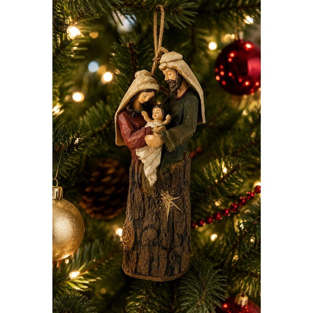 Vintage Style Holy Family Nativity Ornament 5” Resin Rustic Tree Bark Christmas - Picture 2 of 7